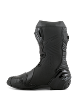 Alpinestars Supertech R Boots, Racing Motorcycle Boots, Black Black, side profile view featuring the TPU shin plate, reinforced heel protector, and accordion flex zones for natural movement, professional track and street performance footwear