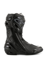 Alpinestars Supertech R Boots, High-Performance Motorcycle Racing Boots, All Black, side profile view showing TPU shin protector, replaceable toe slider, and reinforced heel, professional track-ready design