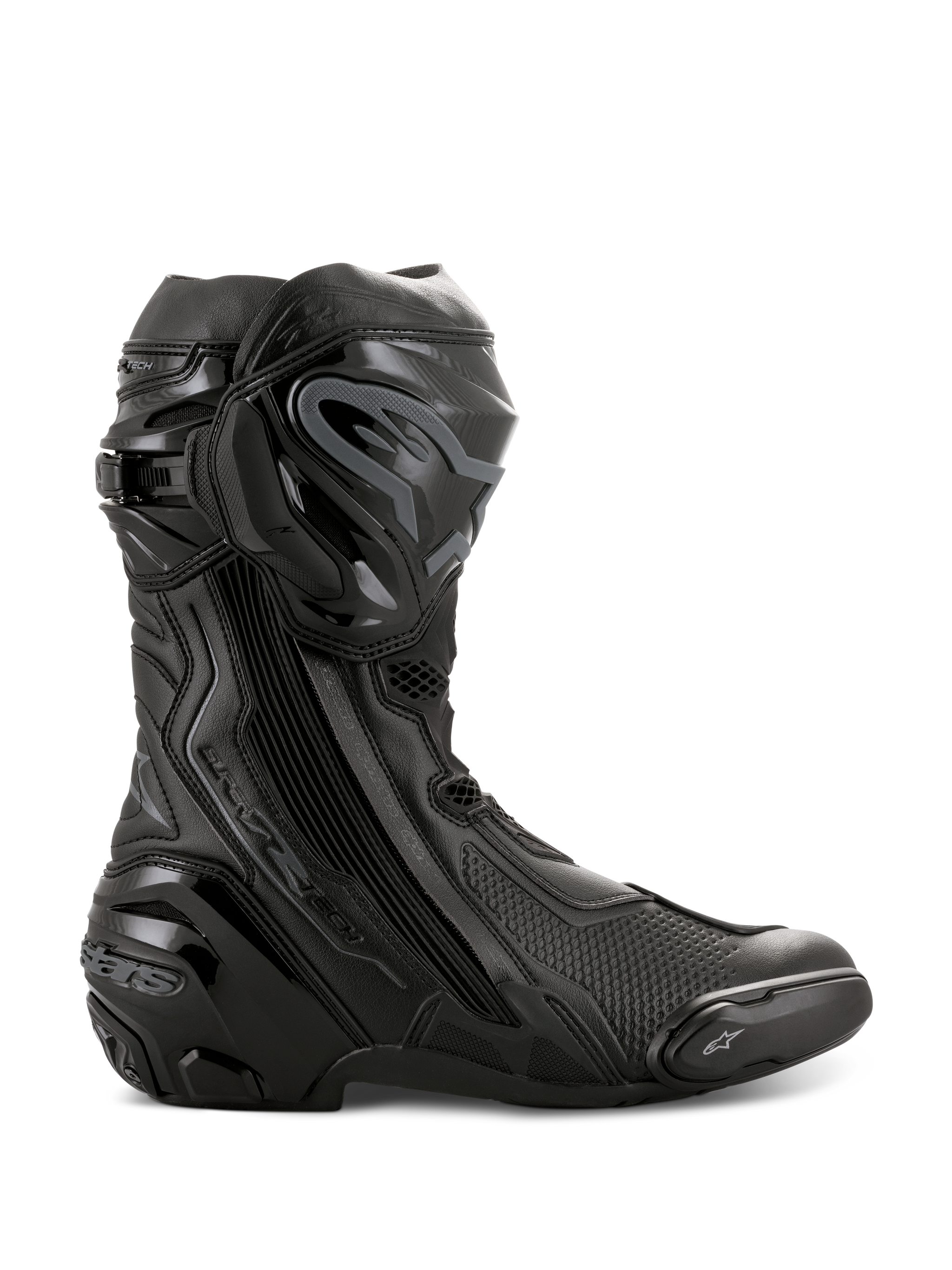 Alpinestars Supertech R Boots, High-Performance Motorcycle Racing Boots, All Black, side profile view showing TPU shin protector, replaceable toe slider, and reinforced heel, professional track-ready design