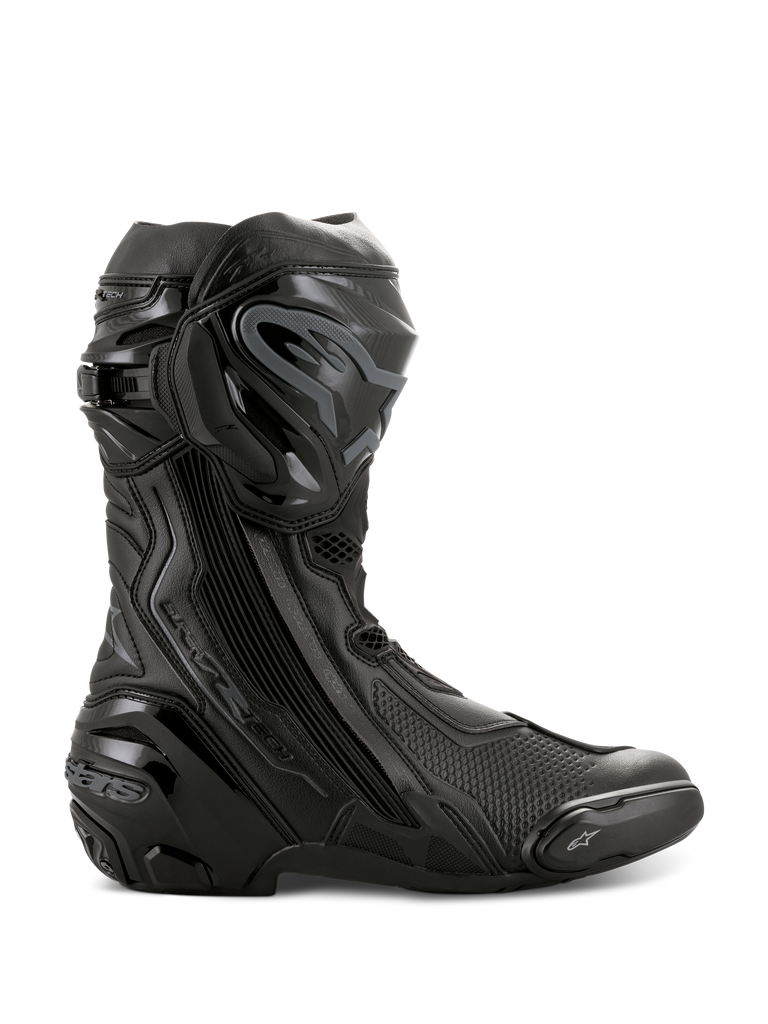 Alpinestars Supertech R Boots, High-Performance Motorcycle Racing Boots, All Black, side profile view showing TPU shin protector, replaceable toe slider, and reinforced heel, professional track-ready design