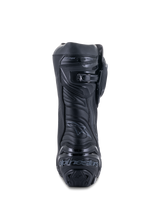 Alpinestars Supertech R Boots, Black Black, rear view showing reinforced heel plate with branding, micro-adjustable ratchet calf closure, and flexible Achilles zone, professional racing motorcycle footwear