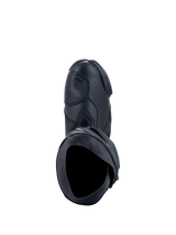 Alpinestars Supertech R Boots, Motorcycle Racing Boots, Black Black, top-down view showing the inner opening, shift pad, and textured synthetic upper, professional racing footwear design
