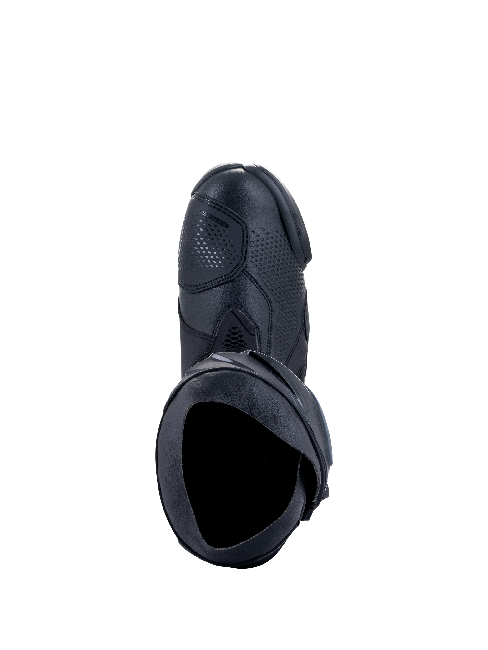 Alpinestars Supertech R Boots, Motorcycle Racing Boots, Black Black, top-down view showing the inner opening, shift pad, and textured synthetic upper, professional racing footwear design