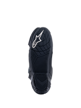 Alpinestars Supertech R Boots, Racing Motorcycle Boots, Black, bottom view of the rubber compound sole with textured grip patterns, featuring a white Alpinestars star logo on the heel