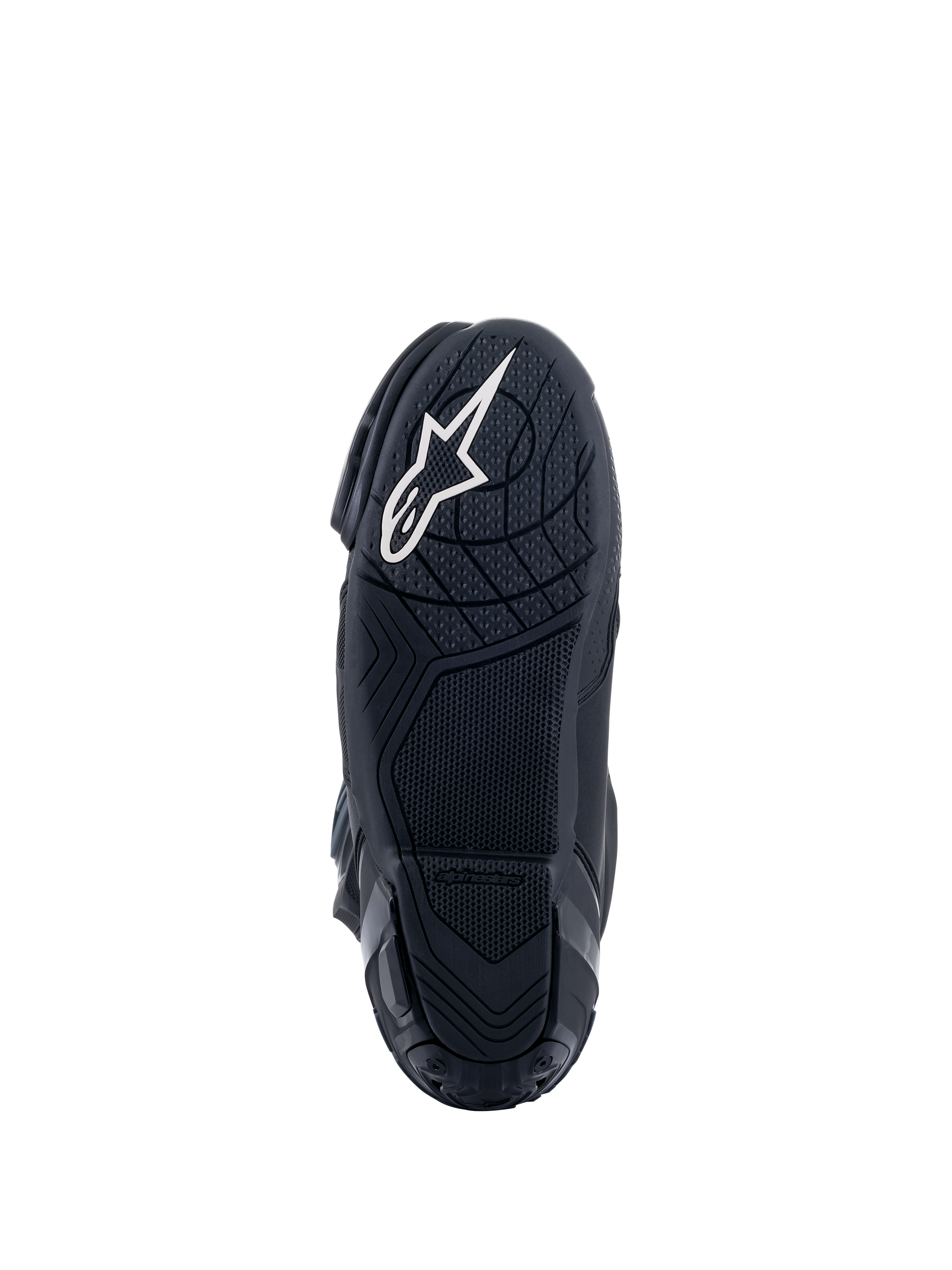 Alpinestars Supertech R Boots, Racing Motorcycle Boots, Black, bottom view of the rubber compound sole with textured grip patterns, featuring a white Alpinestars star logo on the heel