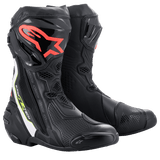 Alpinestars Supertech R Boots, performance motorcycle racing boots, black with red Alpinestars logo on the shin, white and fluorescent yellow accents, featuring technical microfiber construction and protective TPU shin plates.