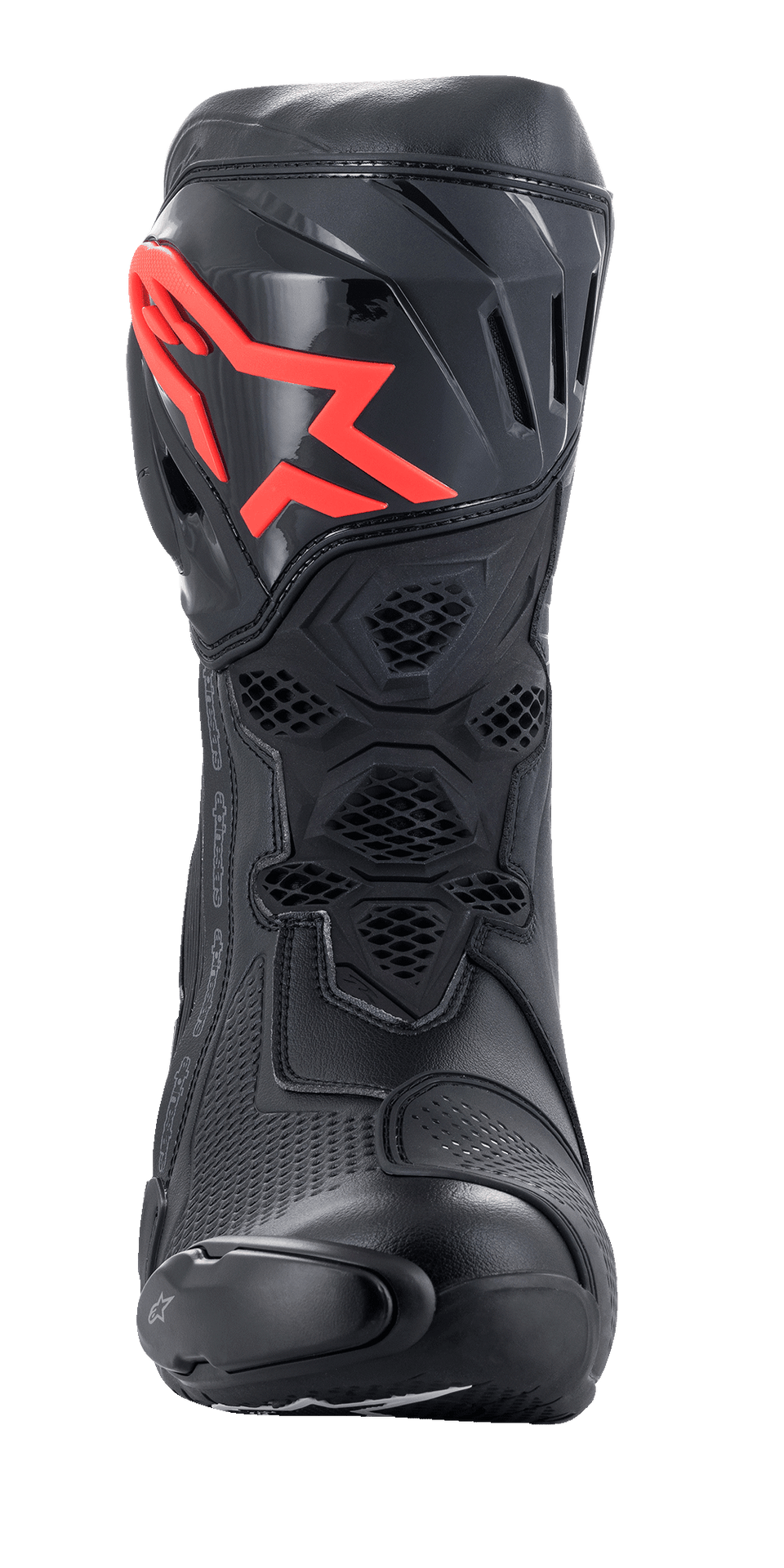 Alpinestars Supertech R Boots, Performance Racing Motorcycle Boots, Black with Red Logo, front view featuring a protective TPU shin plate, honeycomb mesh ventilation, and aerodynamic racing design