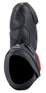 Alpinestars Supertech R Boots, Performance Motorcycle Racing Boots, Black with red accents, top-down view showcasing the microfiber upper, perforated texture, TPU shifter zone, and secure entry opening.