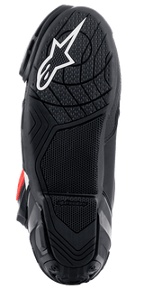 Alpinestars Supertech R Boots, bottom sole view, black lightweight rubber compound with textured grip pattern, white Alpinestars star logo, performance motorcycle racing footwear