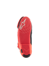 Alpinestars Supertech R Boots, Motorcycle Racing Boots, Bright Red Red Fluo, bottom sole view featuring textured grip pattern and white Alpinestars logo