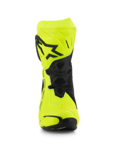 Alpinestars Supertech R Boots, Motorcycle Racing Boots, Yellow Fluo and Black, front view showing the black star logo on the shin plate, honeycomb-textured flex areas, and streamlined design for high-performance racing.