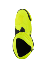 Alpinestars Supertech R Boots, Motorcycle Racing Boots, Yellow Fluo Black, top-down view looking into the boot interior, bright neon yellow finish with black accents and gaiter detail