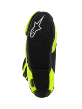Alpinestars Supertech R Boots, Motorcycle Racing Boots, Yellow Fluo Black, bottom view showing black textured sole with white Alpinestars logo and bright yellow side panels