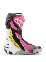 Alpinestars Supertech R Boots, high-performance racing motorcycle boot in Black, Magenta, White, and Yellow Fluo, side profile featuring TPU protection, replaceable toe slider, and ergonomic racing design.