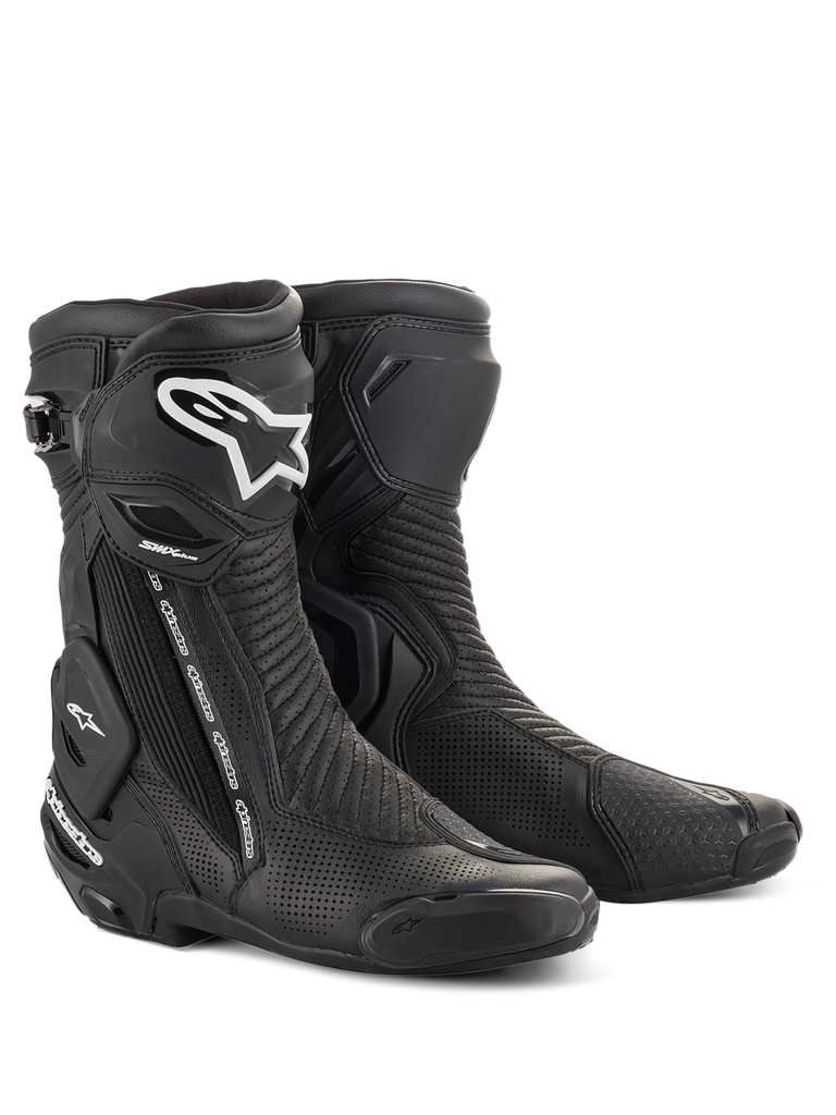 Alpinestars SMX Plus V2 Vented Boots, Black motorcycle racing boots with perforated microfiber and Multi-Link protection.