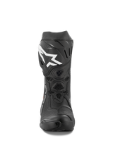 Alpinestars Supertech R Vented Boots, Motorcycle Racing Boots, Black and White, front view showing perforated microfiber construction, white Alpinestars logo on the shin plate, and durable TPU protection.