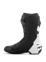 Alpinestars Supertech R Vented Boots, Racing Motorcycle Boots, Black and White, medial side view, extensive perforations for airflow, white synthetic microfiber panels, TPU reinforcements, and sleek aerodynamic profile for track racing.