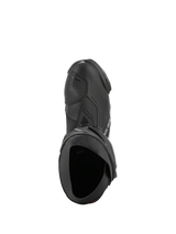 Alpinestars Supertech R Vented Boots, Black and White, top-down view highlighting perforated chassis for airflow, TPU shifter guard, and ergonomic opening, professional racing motorcycle boot.