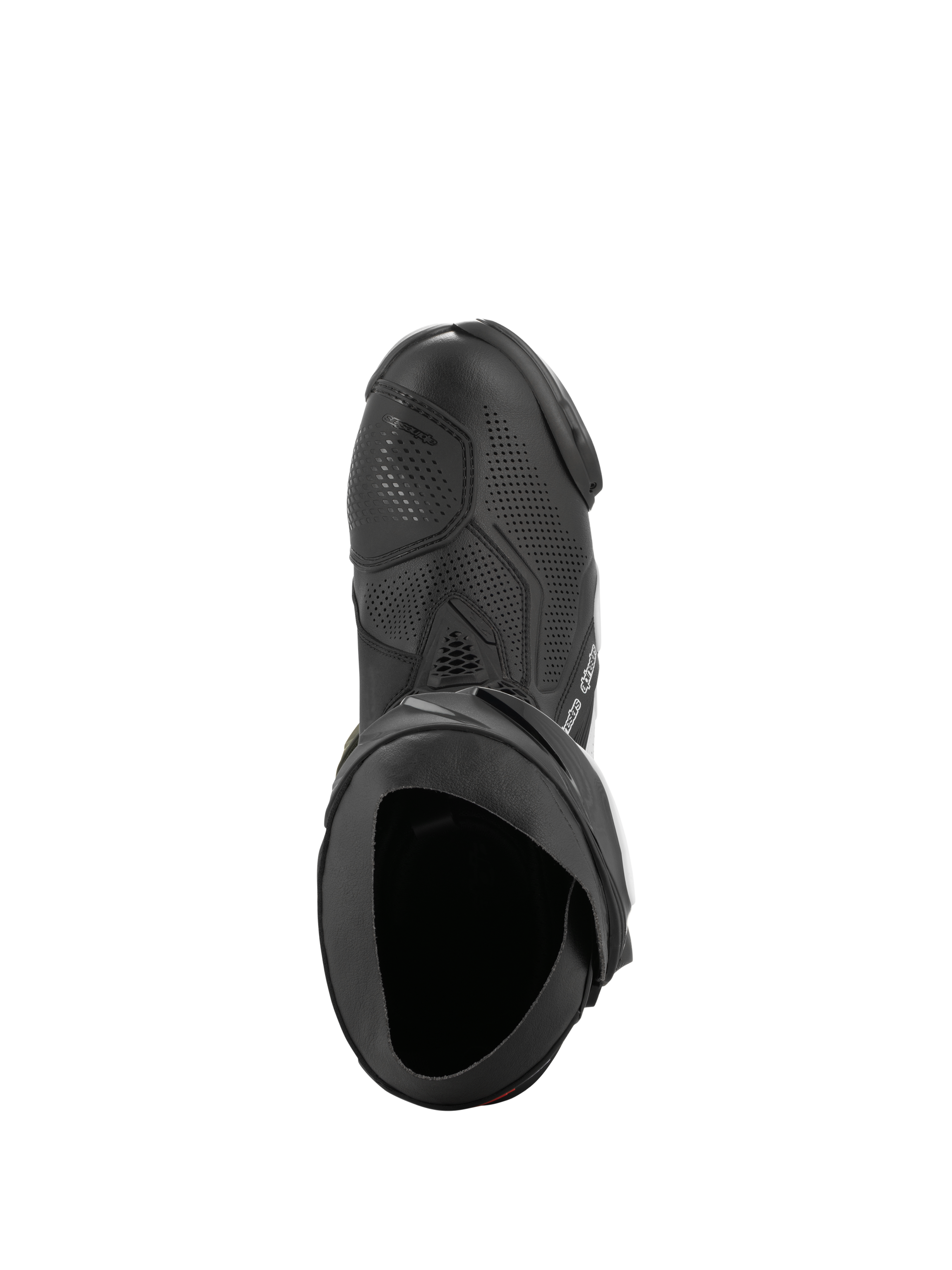 Alpinestars Supertech R Vented Boots, Black and White, top-down view highlighting perforated chassis for airflow, TPU shifter guard, and ergonomic opening, professional racing motorcycle boot.