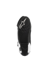 Alpinestars Supertech R Vented Boots, Motorcycle Racing Boots, Black and White, bottom view of the sole featuring a textured rubber grip and white Alpinestars logo