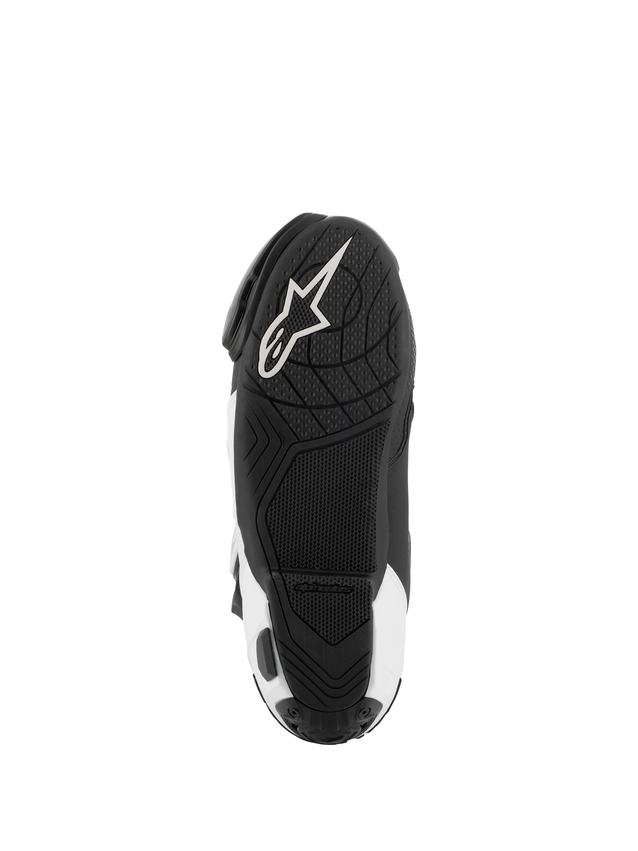 Alpinestars Supertech R Vented Boots, Motorcycle Racing Boots, Black and White, bottom view of the sole featuring a textured rubber grip and white Alpinestars logo