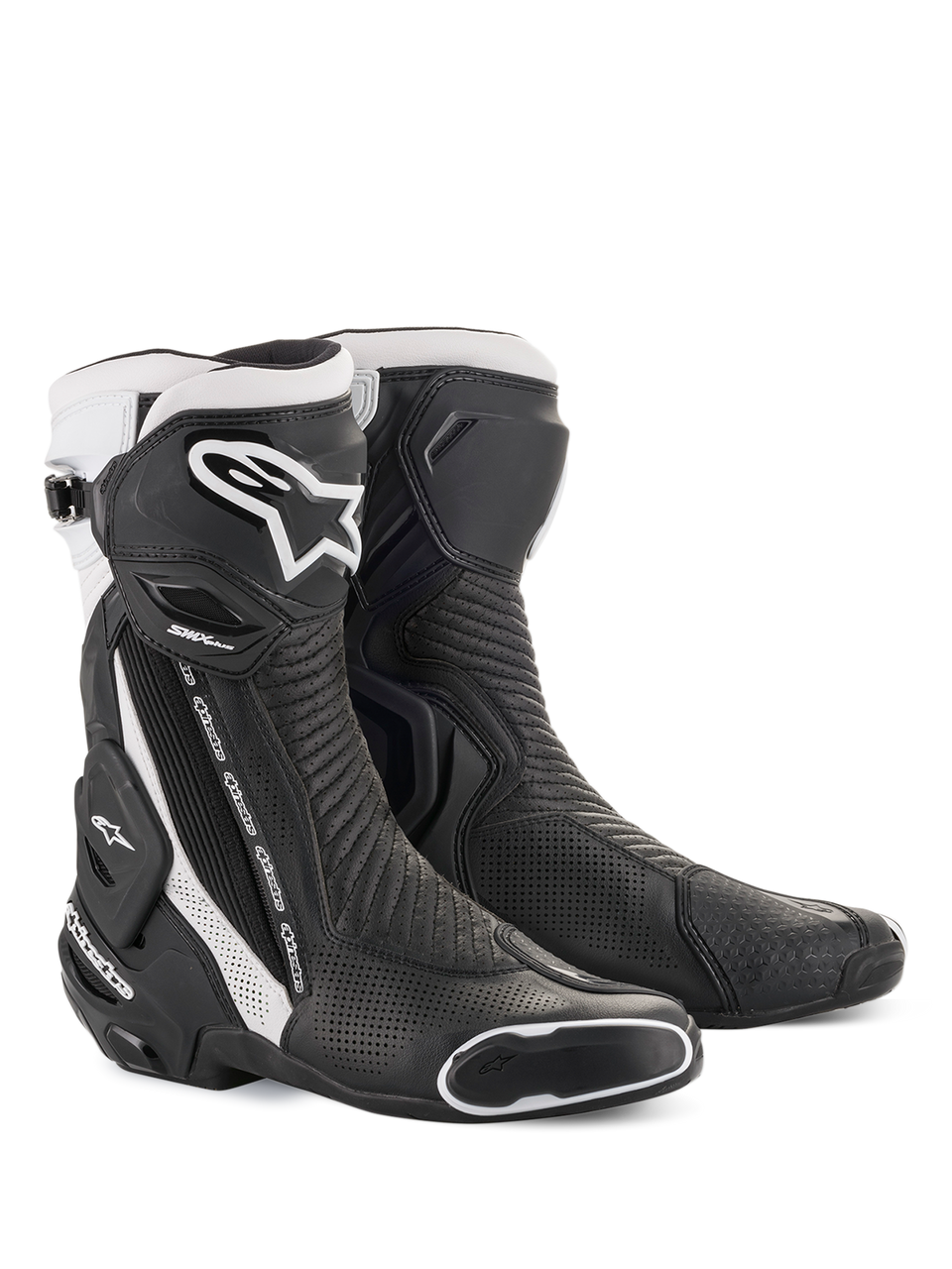Alpinestars SMX Plus V2 Vented Boots, Black and White Men's racing boots with protective microfiber and CE certification.
