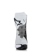 Alpinestars Supertech R Vented Boots, White Mid Gray Black, rear view showing perforated microfiber construction, redesigned grey heel plate with honeycomb texture, bold black logo on upper calf, professional racing and sport motorcycle footwear