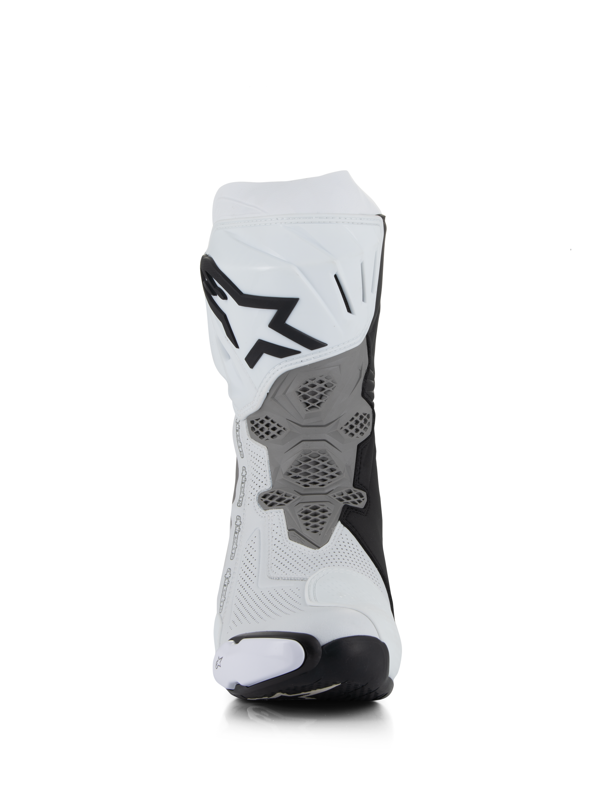 Alpinestars Supertech R Vented Boots, White Mid Gray Black, rear view showing perforated microfiber construction, redesigned grey heel plate with honeycomb texture, bold black logo on upper calf, professional racing and sport motorcycle footwear
