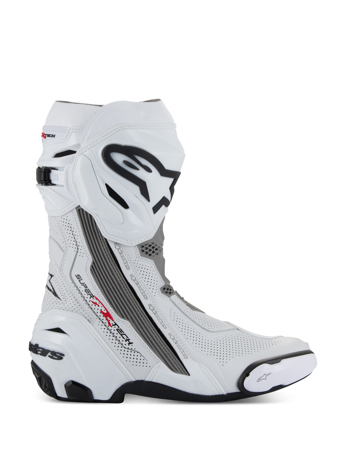 Alpinestars Supertech R Vented Boots, Motorcycle Racing Boots, White with Mid Gray and Black accents, side profile view showing perforated microfiber panels for airflow, large black and white Alpinestars logo on the shin, aerodynamic design with replaceable sliders and black rubber sole.