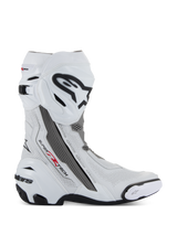 Alpinestars Supertech R Vented Boots, Motorcycle Racing Boots, White with Mid Gray and Black accents, side profile view showing perforated microfiber panels for airflow, large black and white Alpinestars logo on the shin, aerodynamic design with replaceable sliders and black rubber sole.