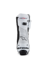 Alpinestars Supertech R Vented Boots, White Mid Gray and Black, rear view featuring perforated microfiber upper, micro-adjustable ratchet closure at the top, and integrated heel protection with Alpinestars logo.