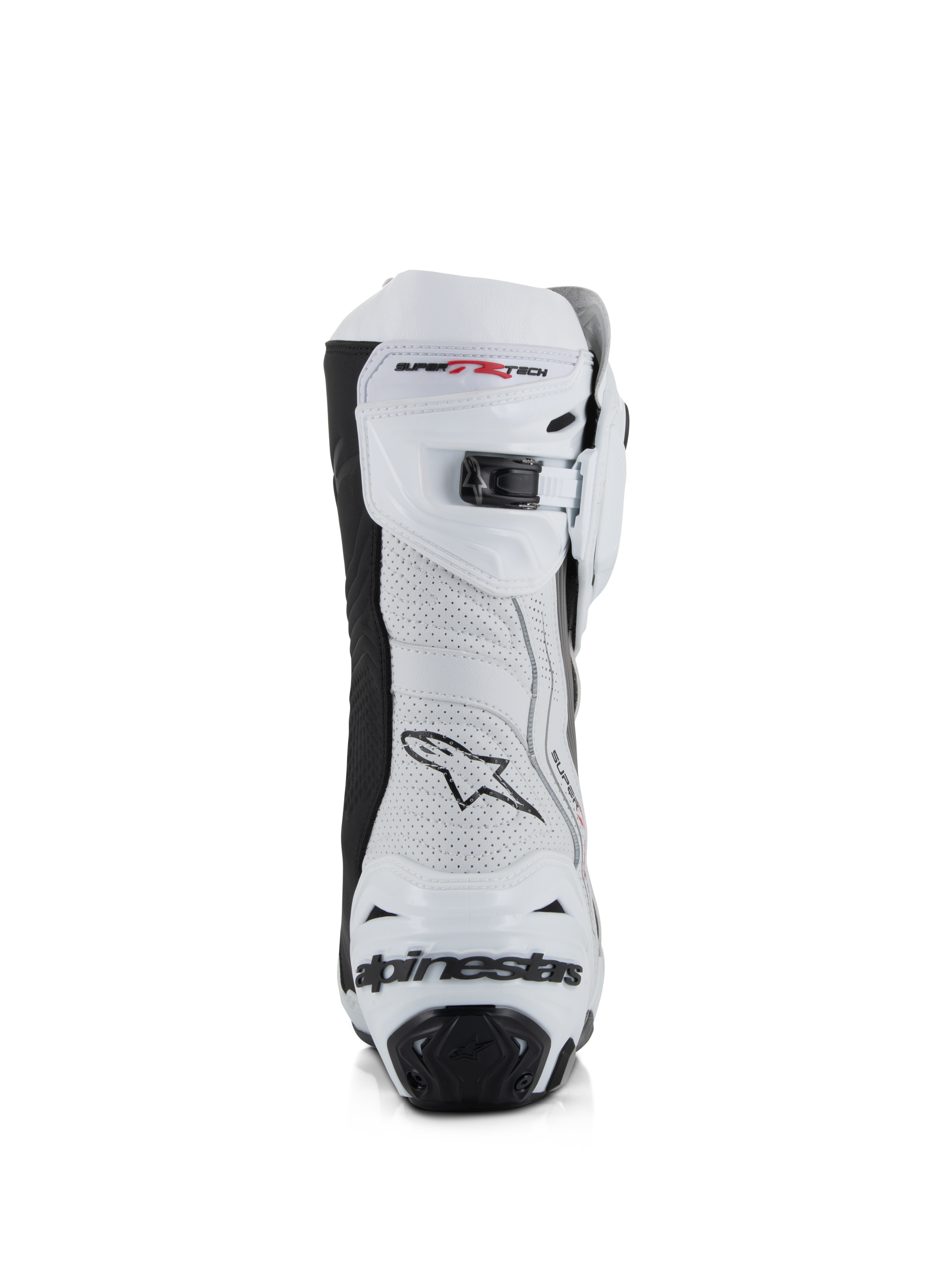 Alpinestars Supertech R Vented Boots, White Mid Gray and Black, rear view featuring perforated microfiber upper, micro-adjustable ratchet closure at the top, and integrated heel protection with Alpinestars logo.