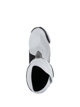 Alpinestars Supertech R Vented Boots, Motorcycle Racing Boots, White Mid Gray and Black, top-down bird's-eye view looking into the boot opening, featuring perforated microfiber construction and sleek racing design