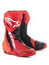 Alpinestars Supertech R Vented Boots, Bright Red and Black, high-performance racing motorcycle boots featuring extensive perforations, white A-star logo on the shin, and durable TPU protective panels