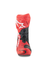 Alpinestars Supertech R Vented Boots, Front view, Bright Red and Red Fluo with black accents, featuring white Alpinestars logo on the shin, perforated microfiber construction for airflow, and protective TPU panels for racing