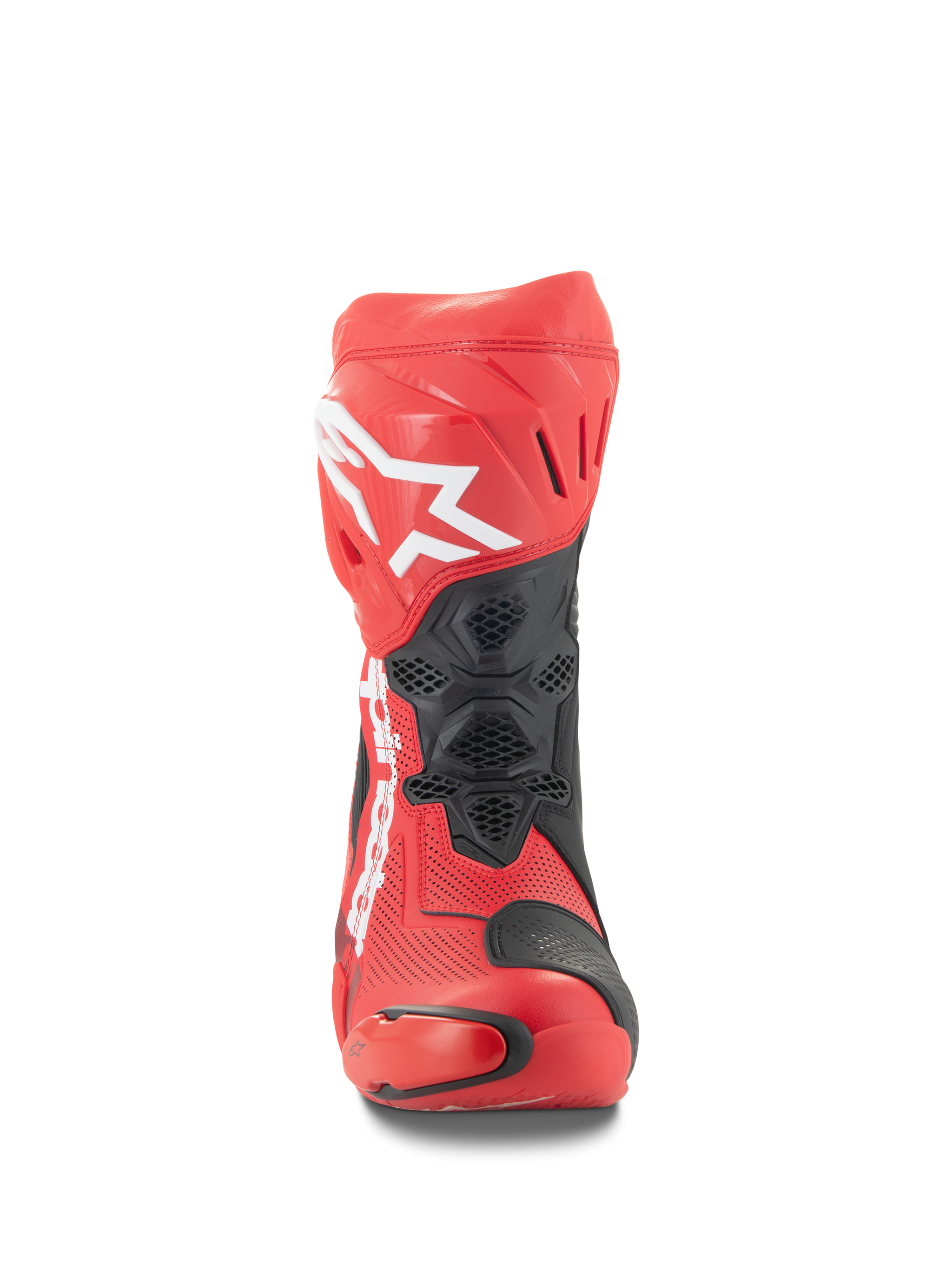 Alpinestars Supertech R Vented Boots, Front view, Bright Red and Red Fluo with black accents, featuring white Alpinestars logo on the shin, perforated microfiber construction for airflow, and protective TPU panels for racing