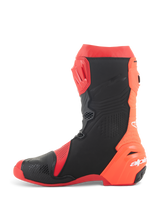 Alpinestars Supertech R Vented Boots, Racing Motorcycle Boots, Bright Red and Red Fluo with black accents, side view featuring extensive perforations for maximum airflow and TPU protection panels.