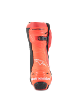 Alpinestars Supertech R Vented Boots, Racing Motorcycle Boots, Bright Red and Red Fluo, rear view featuring perforated construction for ventilation, TPU heel protectors, and white Alpinestars logo branding