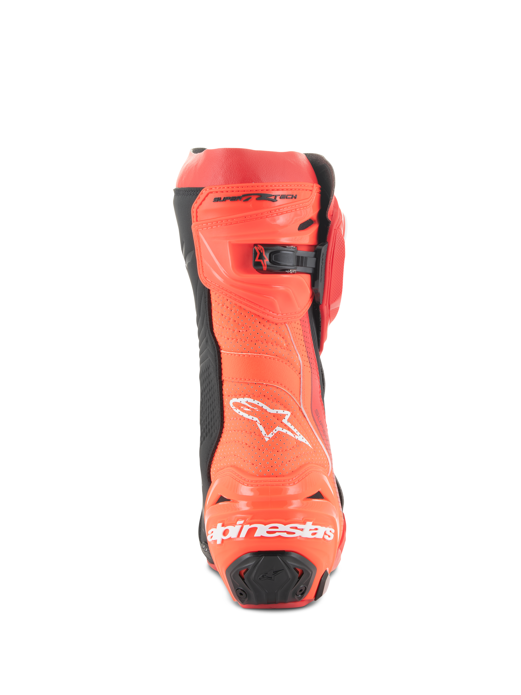 Alpinestars Supertech R Vented Boots, Racing Motorcycle Boots, Bright Red and Red Fluo, rear view featuring perforated construction for ventilation, TPU heel protectors, and white Alpinestars logo branding