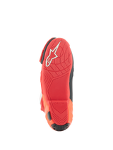 Alpinestars Supertech R Vented Boots, Racing Boots, Bright Red and Red Fluo, Sole view featuring lightweight rubber compound, white Alpinestars logo, and textured grip pattern for motorcycle pegs.