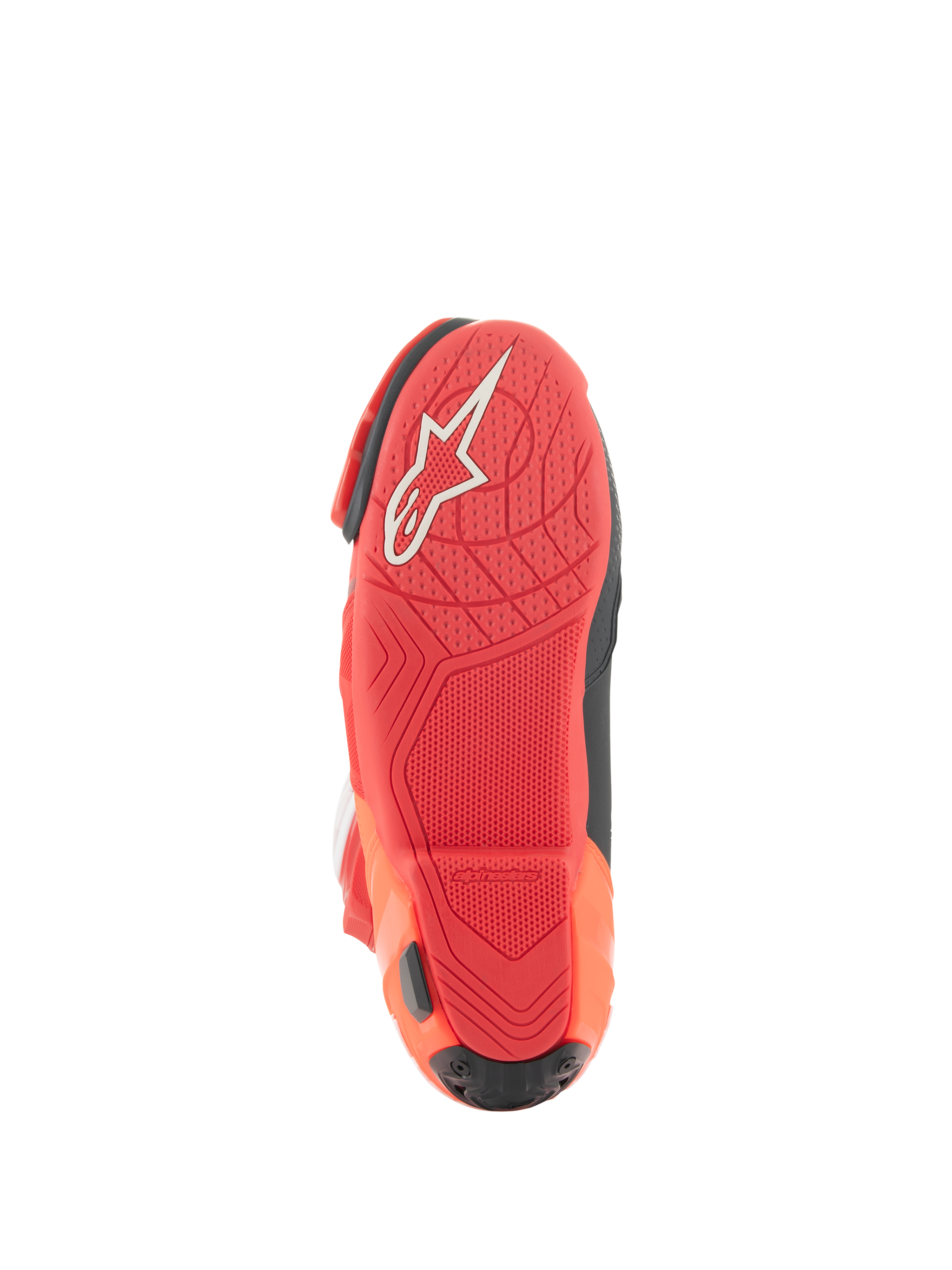 Alpinestars Supertech R Vented Boots, Racing Boots, Bright Red and Red Fluo, Sole view featuring lightweight rubber compound, white Alpinestars logo, and textured grip pattern for motorcycle pegs.