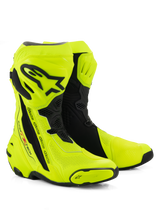 Alpinestars Supertech R Vented Boots, Racing Motorcycle Boots, Bright Yellow Fluo and Black, featuring extensive perforations for airflow, black TPU shin plate and heel protectors, and a sleek aerodynamic profile for high-performance track and road use.