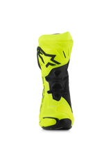 Alpinestars Supertech R Vented Boots, Motorcycle Racing Boots, Yellow Fluo and Black, front view featuring perforated microfiber, TPU shin plate with black star logo, and ventilation mesh for maximum airflow.