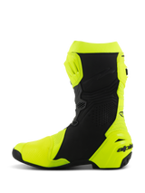 Alpinestars Supertech R Vented Boots, Professional Racing Motorcycle Boots, Yellow Fluo and Black, medial side profile, perforated microfiber construction for high airflow, TPU protective shin and heel plates, sleek aerodynamic design for competitive track riding