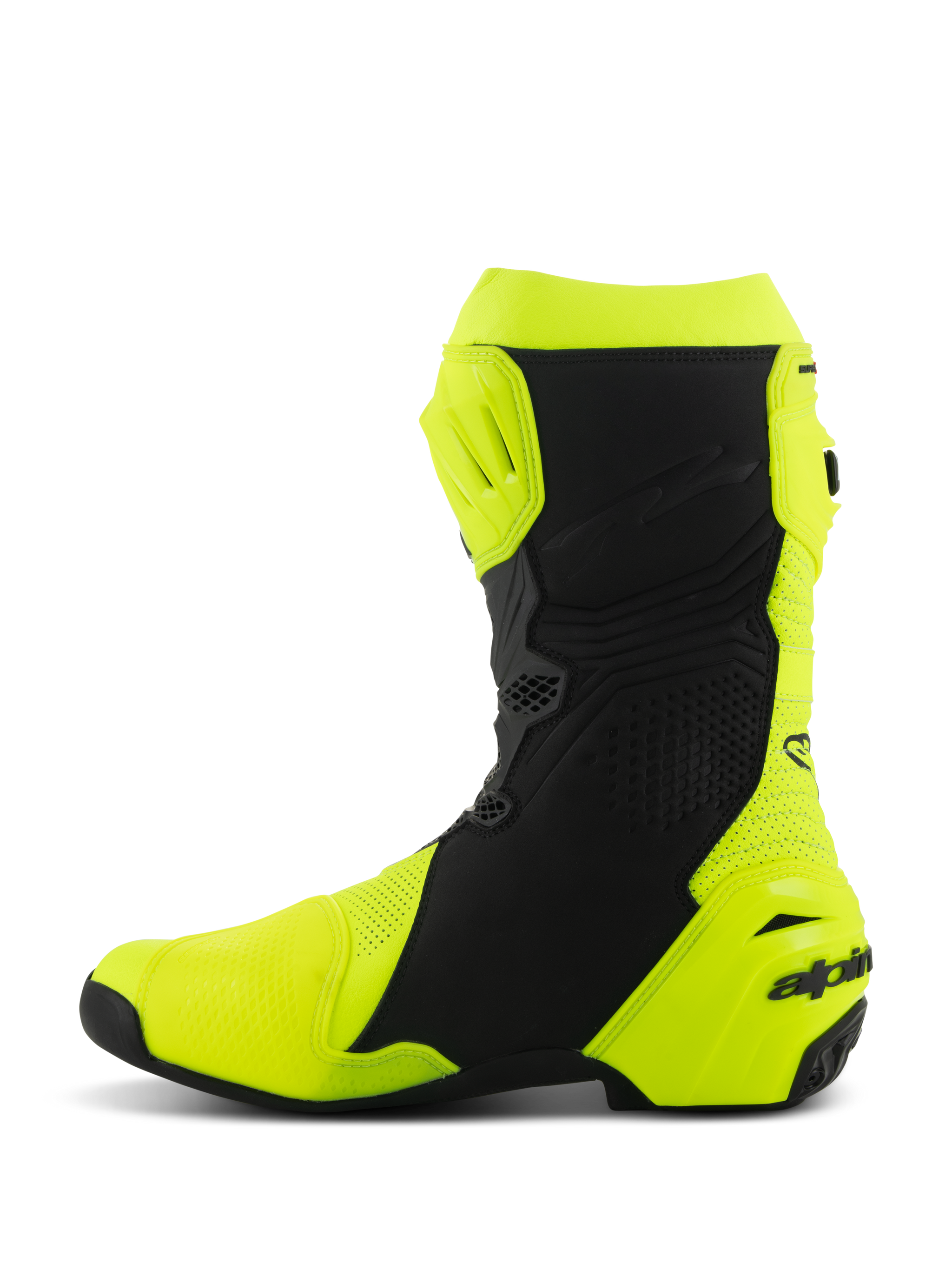 Alpinestars Supertech R Vented Boots, Professional Racing Motorcycle Boots, Yellow Fluo and Black, medial side profile, perforated microfiber construction for high airflow, TPU protective shin and heel plates, sleek aerodynamic design for competitive track riding