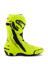 Alpinestars Supertech R Vented Boots, Motorcycle Racing Boots, Yellow Fluo and Black, laser-perforated microfiber upper for ventilation, TPU shin plate and replaceable toe slider, aerodynamic design with bold branding