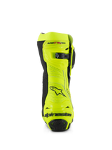 Alpinestars Supertech R Vented Boots, Rear view, Yellow Fluo and Black, featuring perforated microfiber construction, micro-adjustable ratchet closure at the top, and black Alpinestars branding on the heel, professional racing footwear