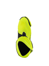 Alpinestars Supertech R Vented Boots, racing motorcycle boots, Yellow Fluo and Black, top-down view showing extensive laser perforations and internal bootie opening.
