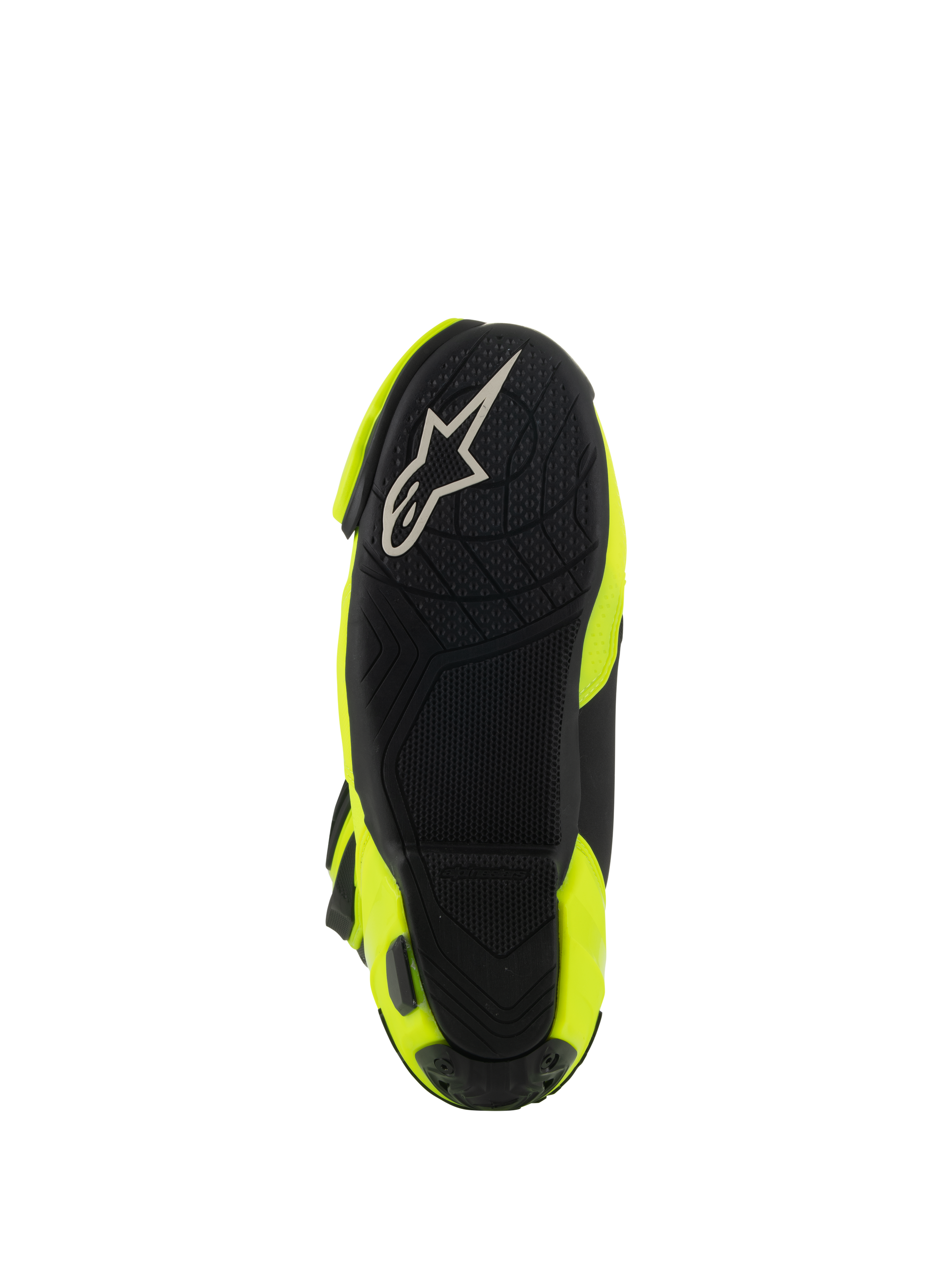 Alpinestars Supertech R Vented Boots, bottom view showing the black rubber sole, textured grip pattern for footpegs, white A-star logo, Yellow Fluo and Black racing motorcycle boot