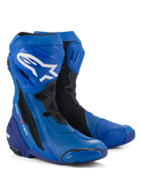 Alpinestars Supertech R Vented Boots, Motorcycle Racing Boots, Blue and Black, featuring perforated microfiber for airflow, white Alpinestars logo on the shin, protective TPU plates and sliders, professional track-ready design